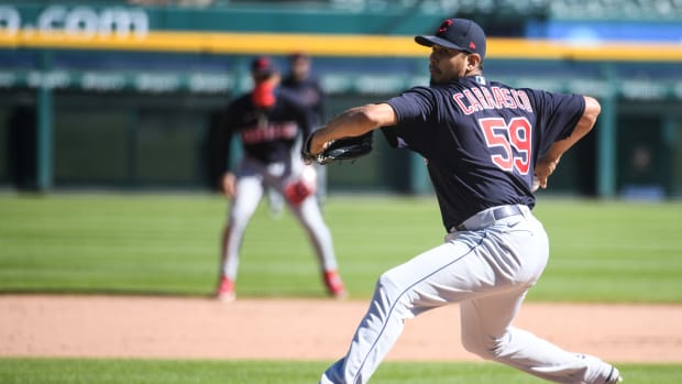 Sep 20, 2020; Detroit, Michigan, USA; Cleveland Indians starting pitcher Carlos Carrasco (59) during the game against the Detroit Tigers at Comerica Park. Mandatory Credit: Tim Fuller-USA TODAY Sports